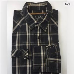 Guess Men Long Sleeve Shirt Western Large Plaid Black Beige Cotton